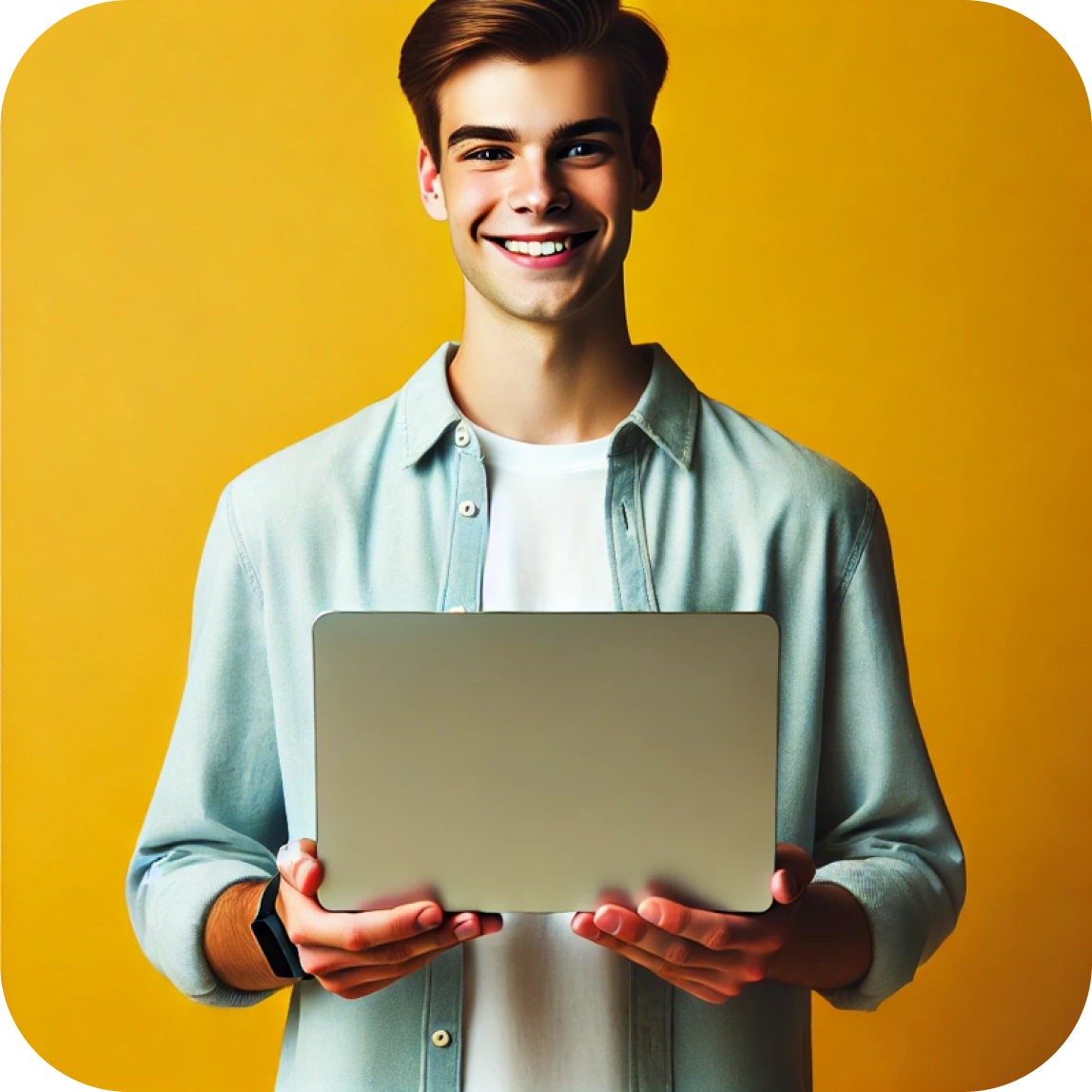 Persona con laptop fondo celeste